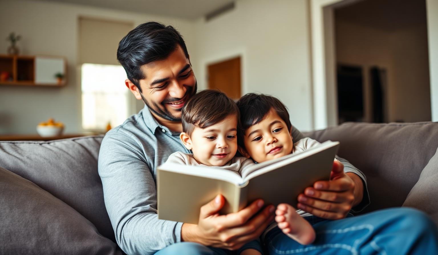 Latino father reading a book with his two young children on a couch.