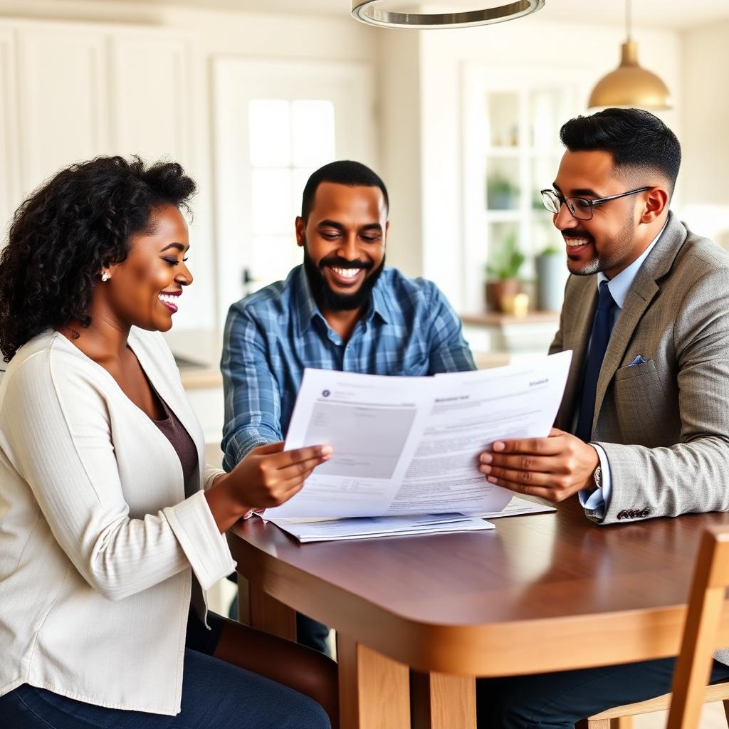 African American couple meeting with a Latino financial advisor at a kitchen table reviewing life insurance documents.