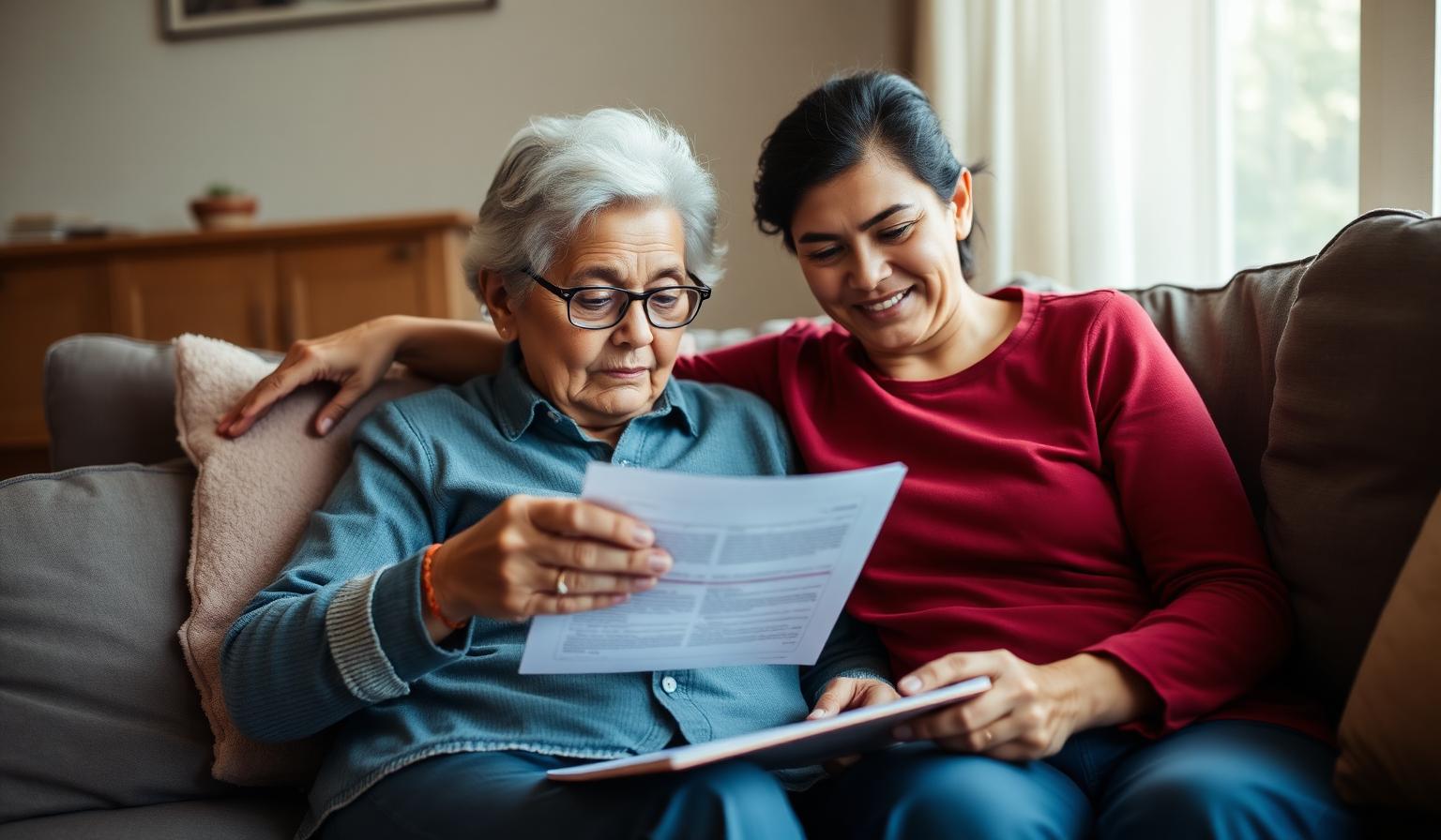 Latina daughter helping her mother review a life insurance policy at home.
