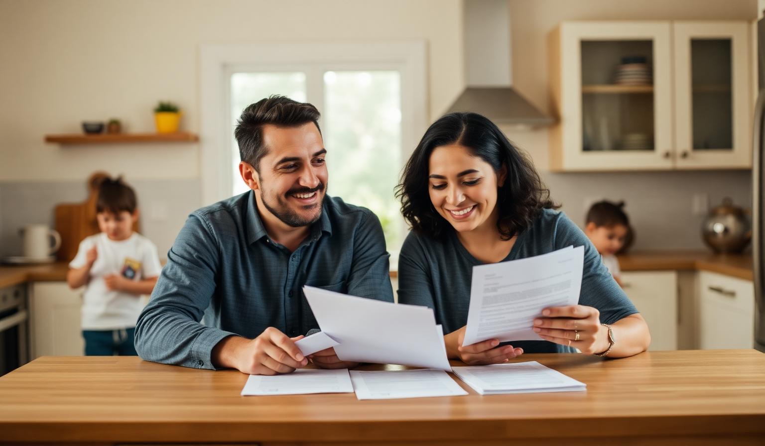 Latino parents reviewing life insurance paperwork at their kitchen table.
